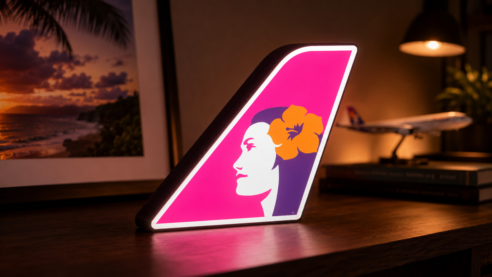 Hawaiian-inspired PlaneGlow tail light in a warm lifestyle setting