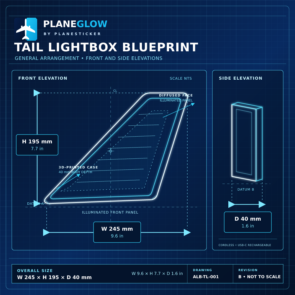 PlaneGlow tail lightbox technical drawing showing width 245 millimetres, height 195 millimetres and depth 40 millimetres
